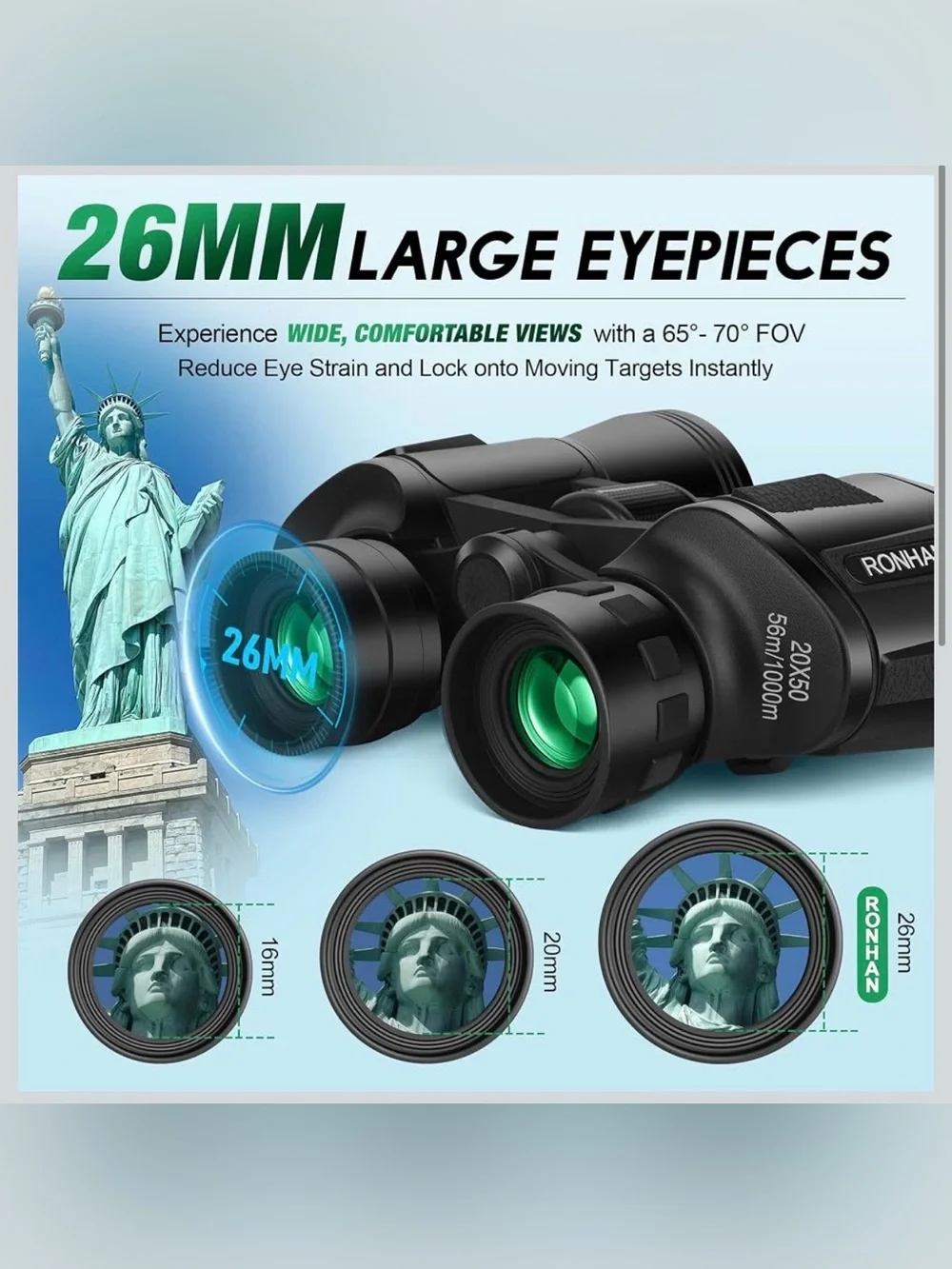 20x50 Black Binoculars with 26mm Eyepieces